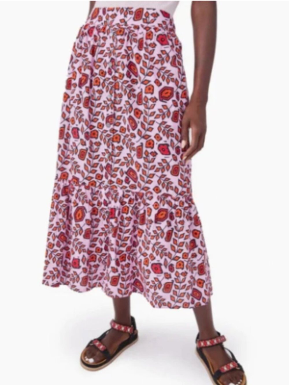 Xirena Taryn Button Front Midi Skirt Positano Pink Red Floral M